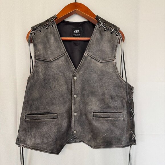 ZARA Vintage Effect Distressed Gray Pebbled Genuine 100% Leather Vest Size Large - Picture 3 of 17